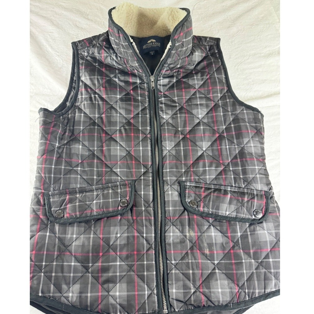 British Khaki Quilted Puffer Vest Medium Grey Red Plaid Sherpa Lined Full Zip